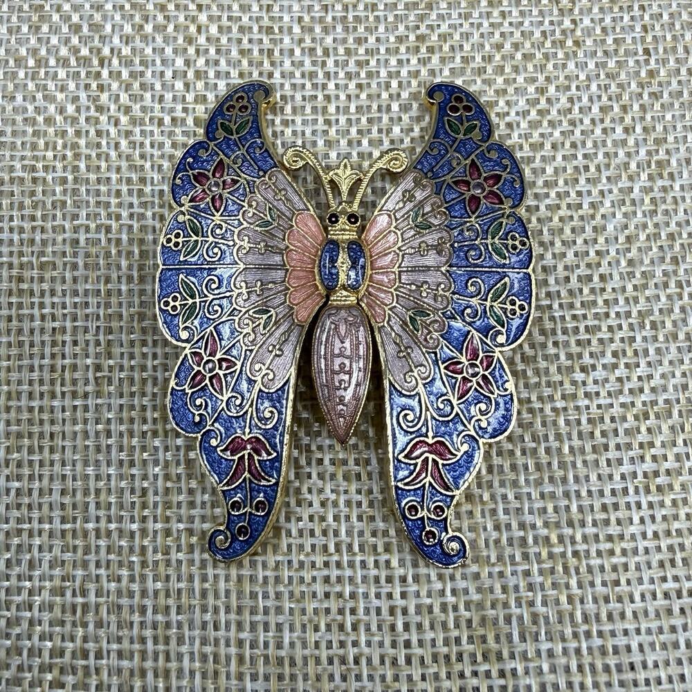 Vintage Fish Brand Enamel Cloisonne Butterfly with Flowers Brooch Pin
